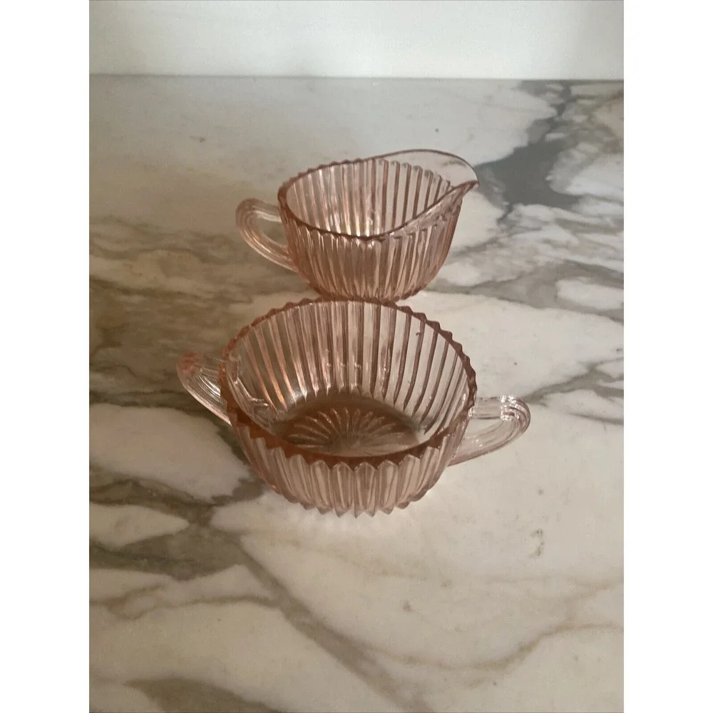 Pink Depression Pressed Glass Sugar Bowl Creamer Art Deco
